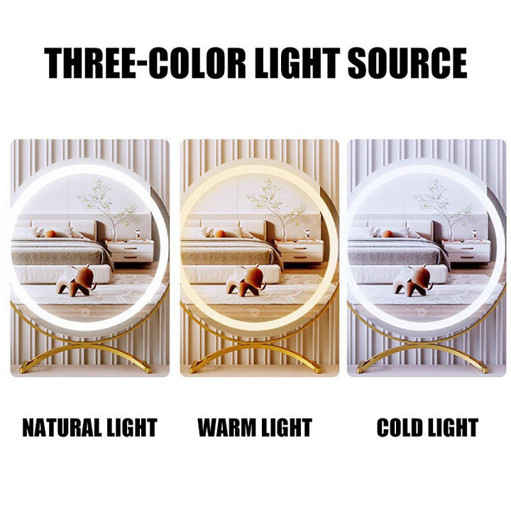 "Vanity makeup mirror with LED lights, touch-control, sleek metal frame, featuring 360° rotation for precise beauty applicati