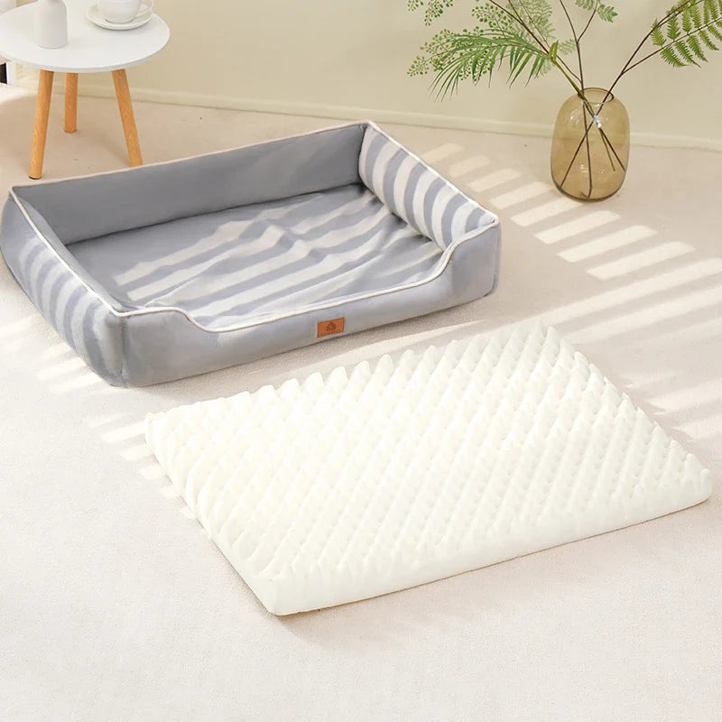 "Velvet-soft pet bed with cushion and bolster, shown in modern living room, offers comfort with Dutch velvet texture."