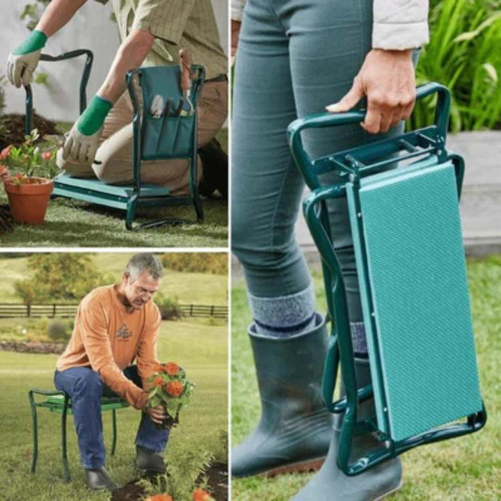 "Versatile 2-in-1 gardening kneeler seat with cushioned support, foldable design, and side pockets for easy garden use."