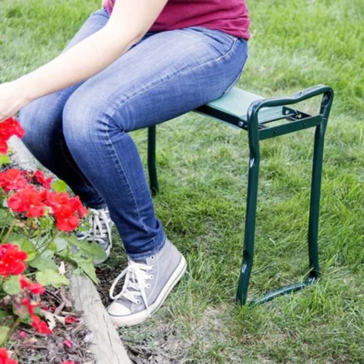 "Versatile 2-in-1 gardening kneeler seat with cushioned support, foldable design, and side pockets for easy garden use."