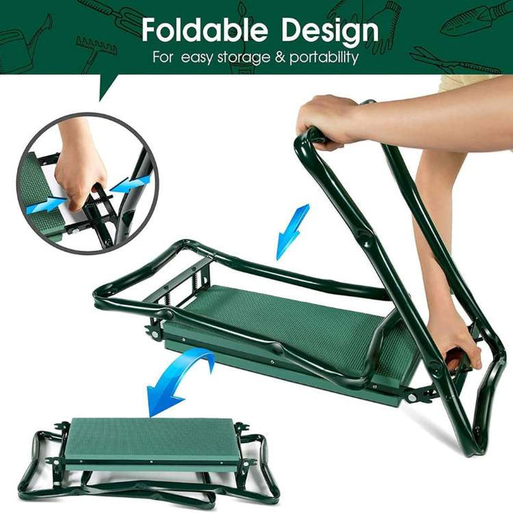 "Versatile 2-in-1 gardening kneeler seat with cushioned support, foldable design, and side pockets for easy garden use."