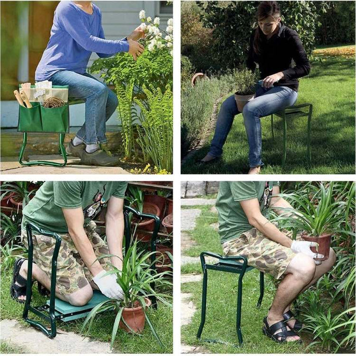 "Versatile 2-in-1 gardening kneeler seat with cushioned support, foldable design, and side pockets for easy garden use."