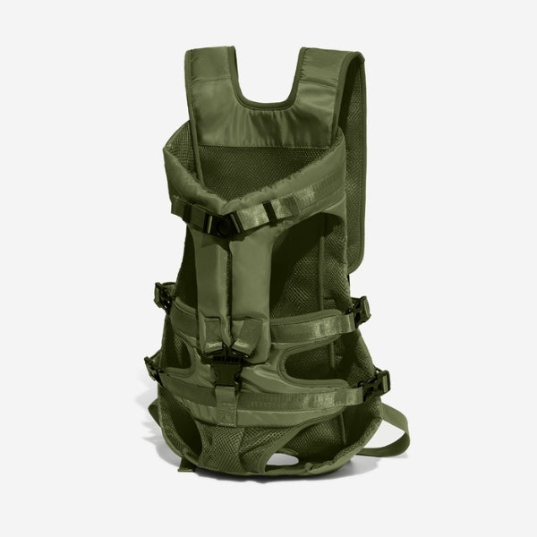"Versatile dog carrier backpack for hiking, shown in green. Secure multi-buckle design keeps pets safe and comfortable outdoo