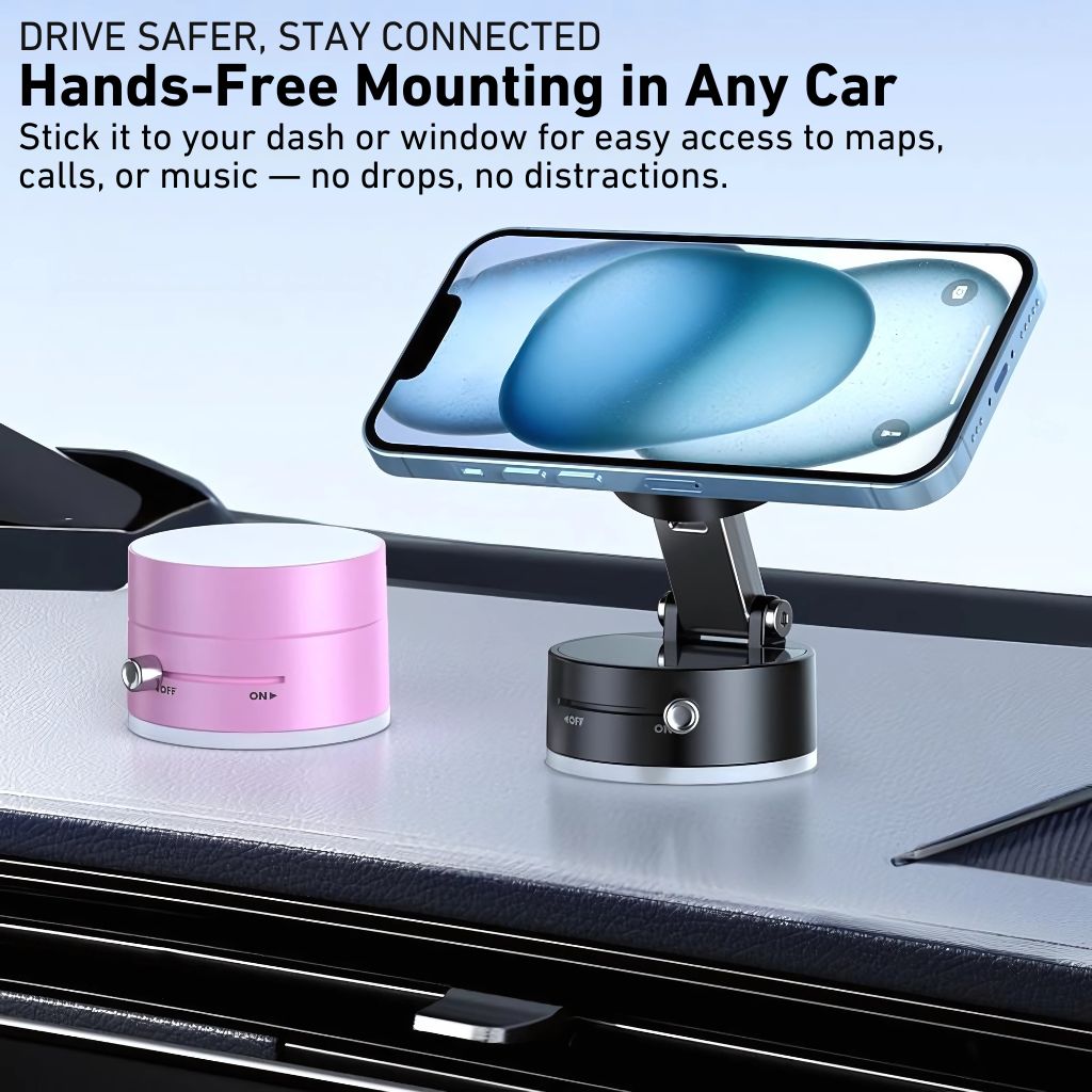 "Versatile magnetic phone mount with 360° rotation on desk, sleek design, modern and flexible for convenient phone positionin