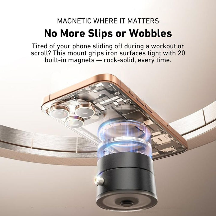 "Versatile magnetic phone mount with 360° rotation on desk, sleek design, modern and flexible for convenient phone positionin