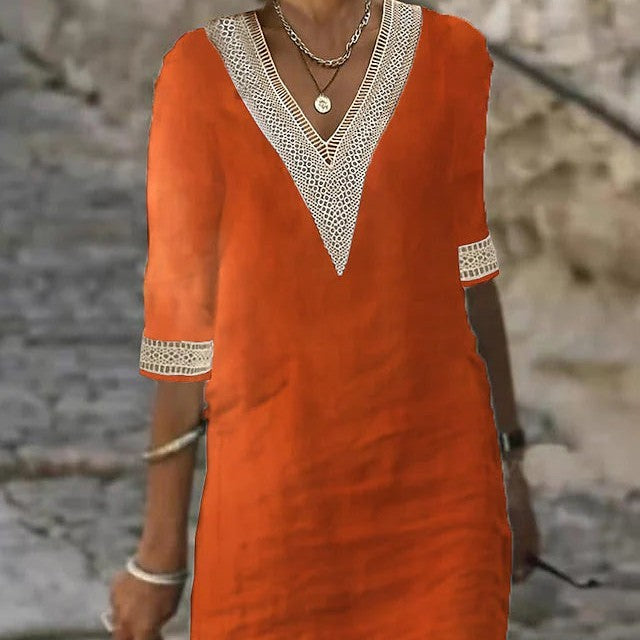 Vibrant women's V-neck cotton linen dress, mid-length sleeves, loose fit, perfect for casual and elegant occasions.