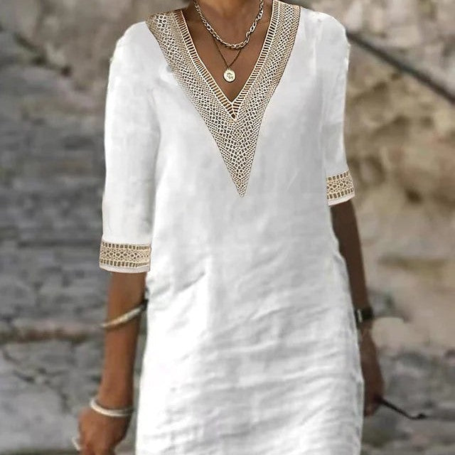 Vibrant women's V-neck cotton linen dress, mid-length sleeves, loose fit, perfect for casual and elegant occasions.