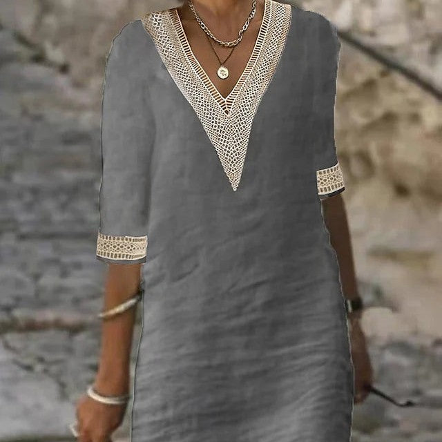 Vibrant women's V-neck cotton linen dress, mid-length sleeves, loose fit, perfect for casual and elegant occasions.