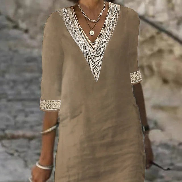 Vibrant women's V-neck cotton linen dress, mid-length sleeves, loose fit, perfect for casual and elegant occasions.