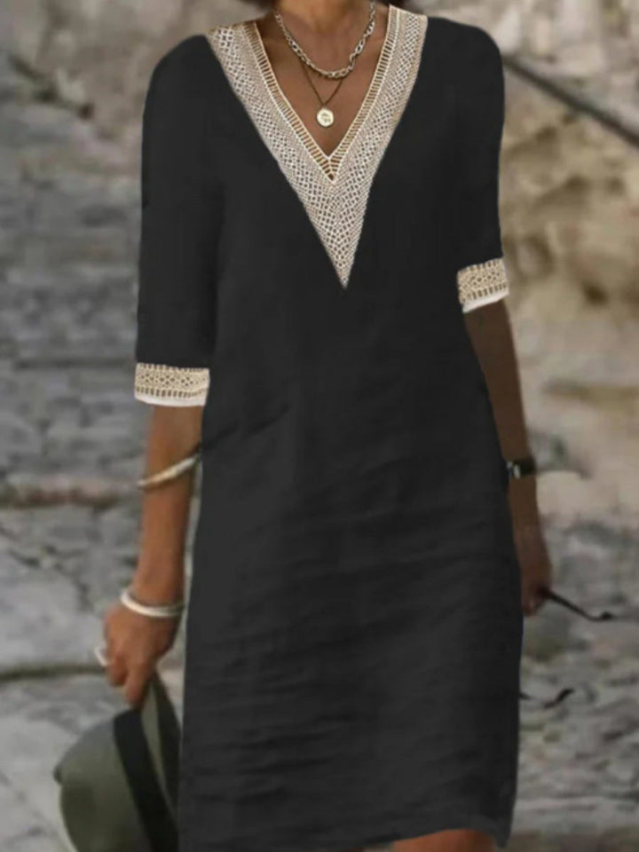 Vibrant women's V-neck cotton linen dress, mid-length sleeves, loose fit, perfect for casual and elegant occasions.