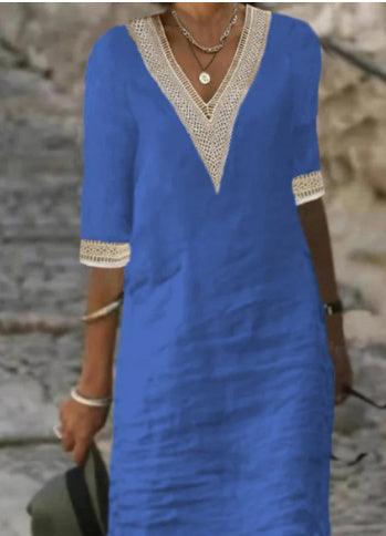Vibrant women's V-neck cotton linen dress, mid-length sleeves, loose fit, perfect for casual and elegant occasions.