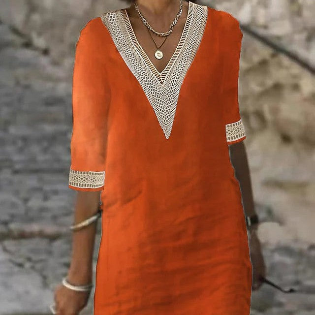 Vibrant women's V-neck cotton linen dress, mid-length sleeves, loose fit, perfect for casual and elegant occasions.