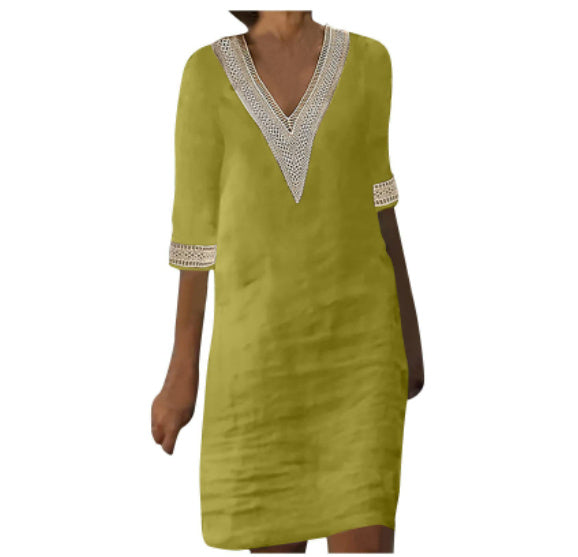 Vibrant women's V-neck cotton linen dress, mid-length sleeves, loose fit, perfect for casual and elegant occasions.