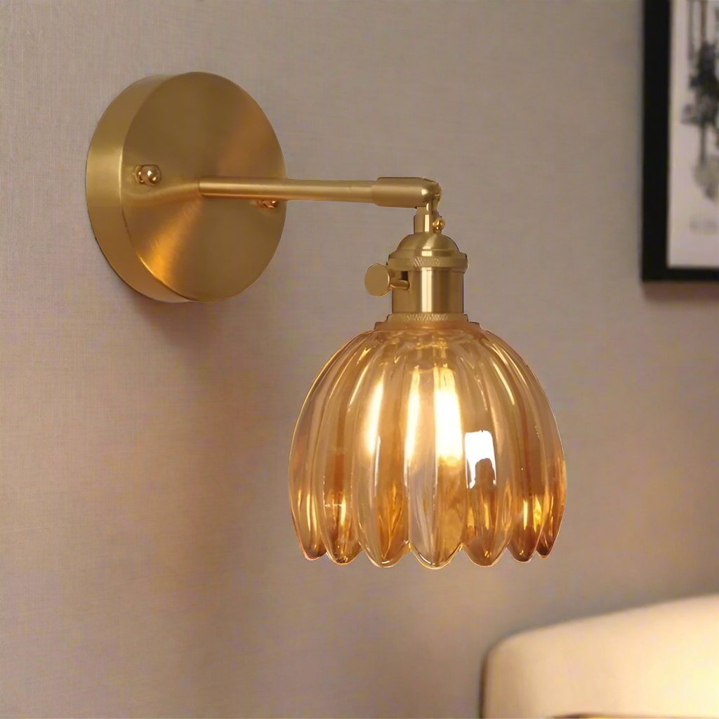 "Vintage floral tulip glass wall lamp, tulip-shaped shade, multi-color options, elegant retro design, adds warm soft light."