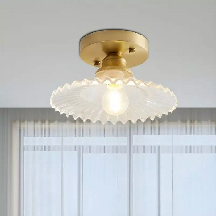 "Vintage glass ceiling lamp with ribbed petals in green and clear finish, elegant and timeless for home lighting decor."