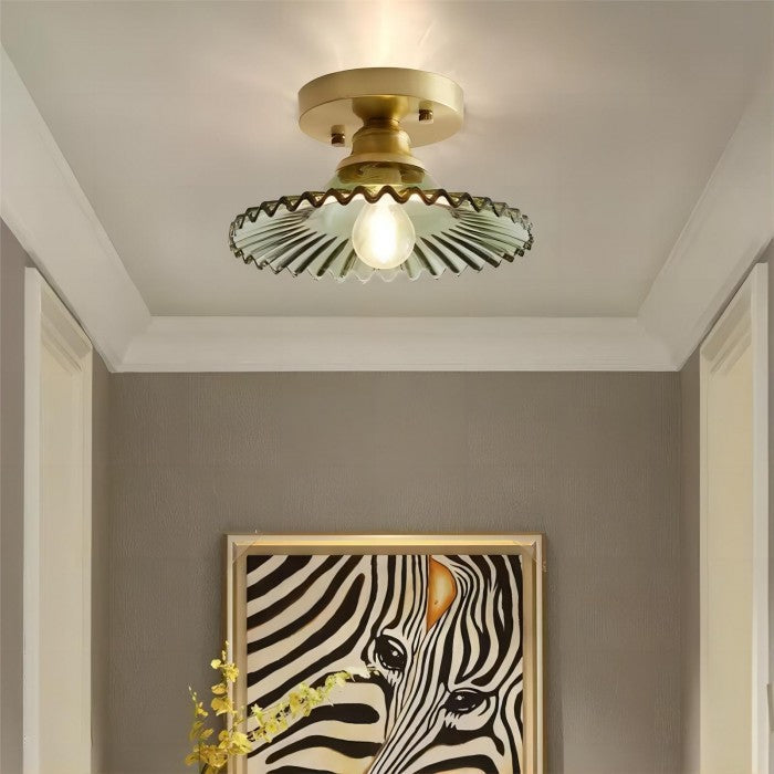 "Vintage glass ceiling lamp with ribbed petals in green and clear finish, elegant and timeless for home lighting decor."