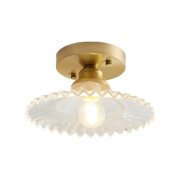 "Vintage glass ceiling lamp with ribbed petals in green and clear finish, elegant and timeless for home lighting decor."