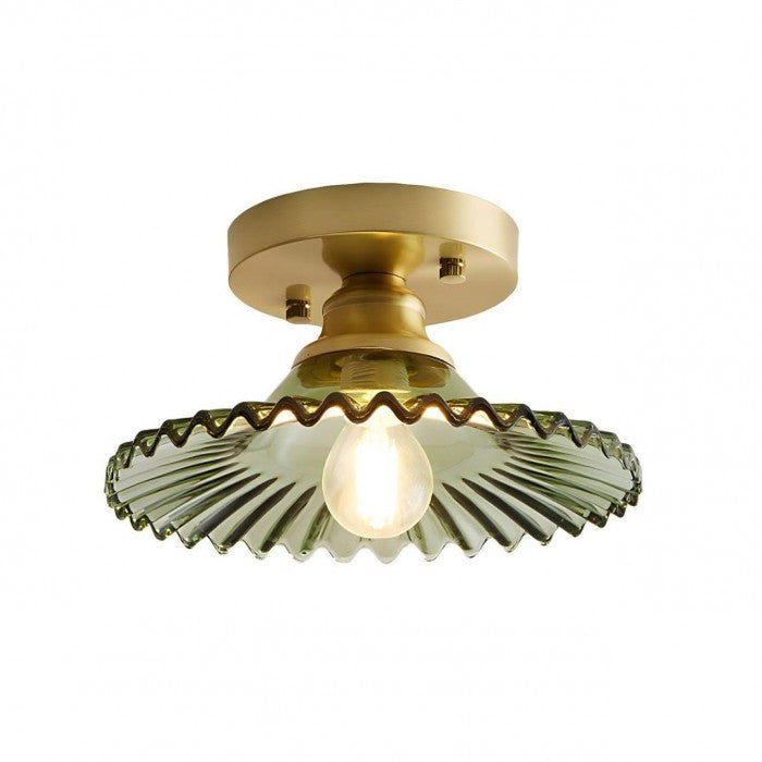 "Vintage glass ceiling lamp with ribbed petals in green and clear finish, elegant and timeless for home lighting decor."