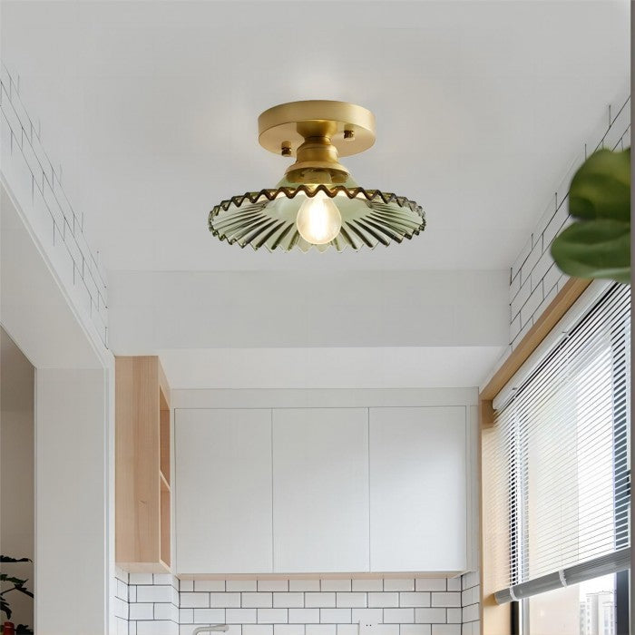 "Vintage glass ceiling lamp with ribbed petals in green and clear finish, elegant and timeless for home lighting decor."