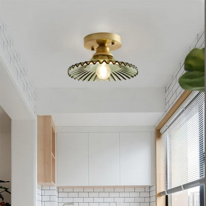 "Vintage glass ceiling lamp with ribbed petals in green and clear finish, elegant and timeless for home lighting decor."