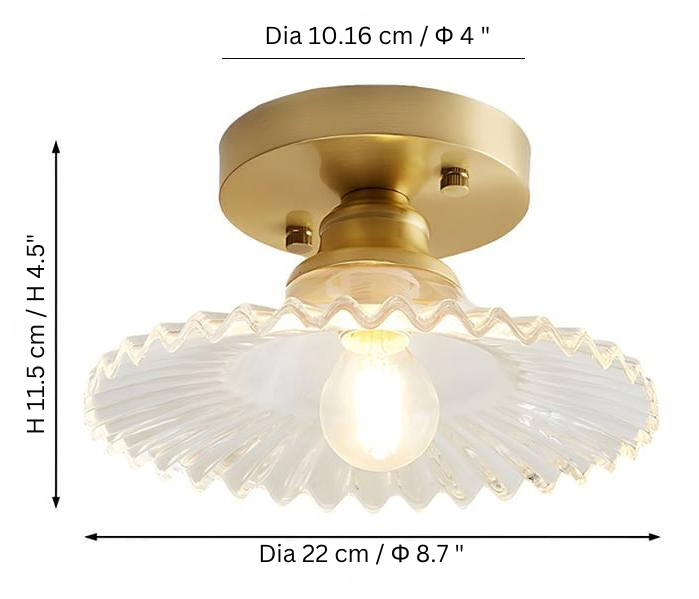 "Vintage glass ceiling lamp with ribbed petals in green and clear finish, elegant and timeless for home lighting decor."