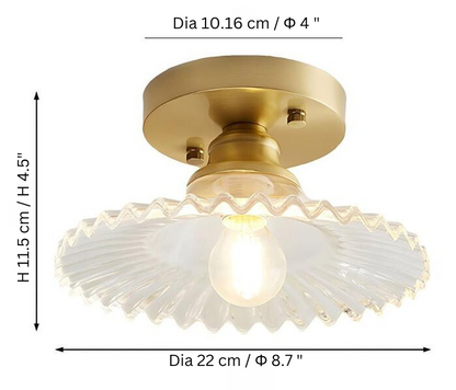 "Vintage glass ceiling lamp with ribbed petals in green and clear finish, elegant and timeless for home lighting decor."