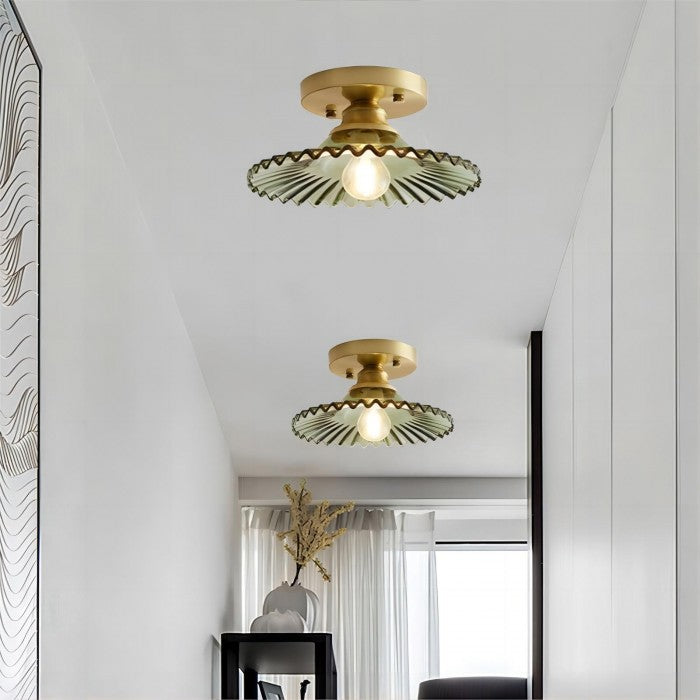 "Vintage glass ceiling lamp with ribbed petals in green and clear finish, elegant and timeless for home lighting decor."