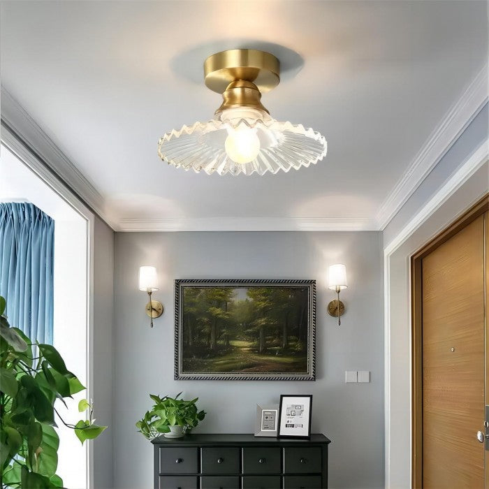 "Vintage glass ceiling lamp with ribbed petals in green and clear finish, elegant and timeless for home lighting decor."