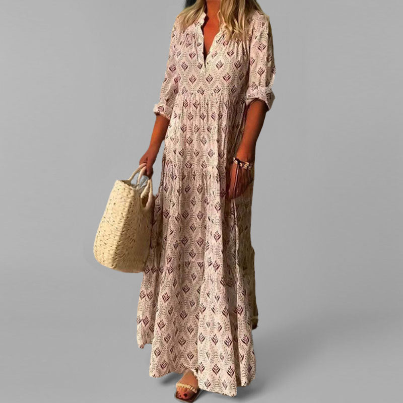 Vintage print cotton maxi dress, V-neck, 3/4 sleeves, women’s casual wear, comfortable fit, beach-ready style.