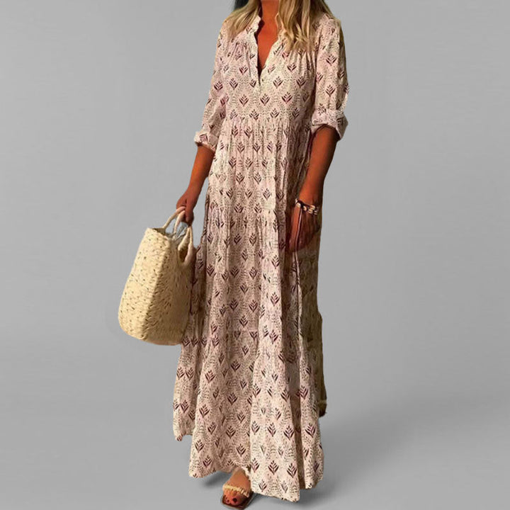 Vintage print cotton maxi dress, V-neck, 3/4 sleeves, women’s casual wear, comfortable fit, beach-ready style.