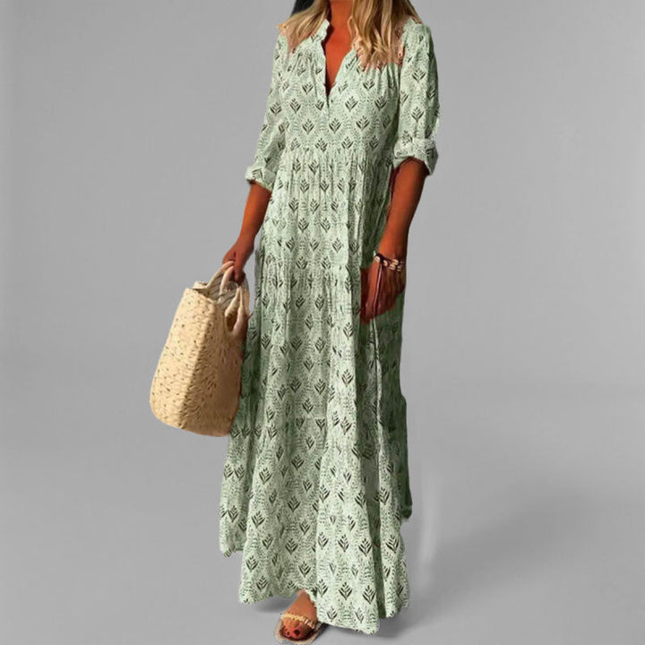 Vintage print cotton maxi dress, V-neck, 3/4 sleeves, women’s casual wear, comfortable fit, beach-ready style.