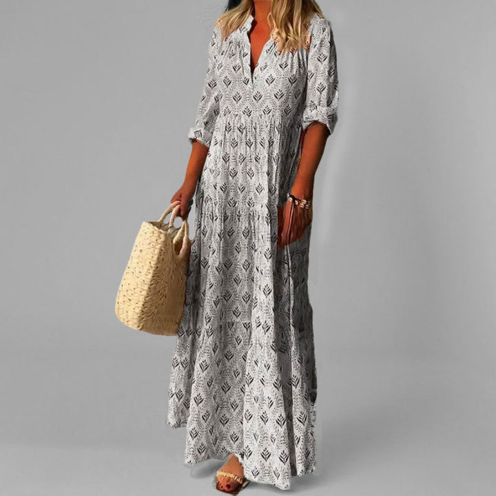 Vintage print cotton maxi dress, V-neck, 3/4 sleeves, women’s casual wear, comfortable fit, beach-ready style.