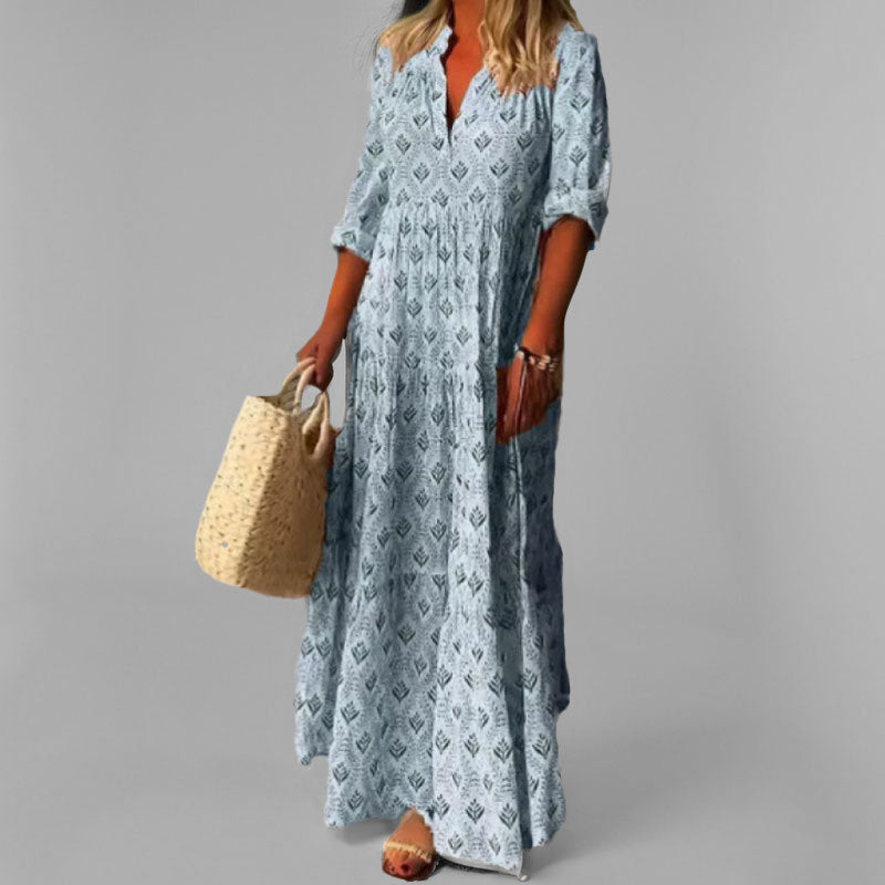 Vintage print cotton maxi dress, V-neck, 3/4 sleeves, women’s casual wear, comfortable fit, beach-ready style.