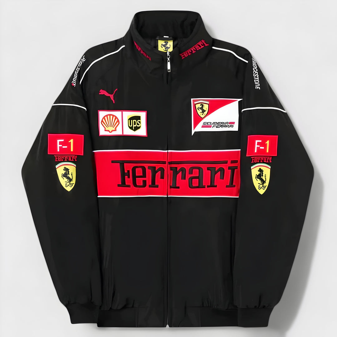 Vintage unisex racing jacket with bold Ferrari logo, available in black, red, and white-red; combines style and comfort.