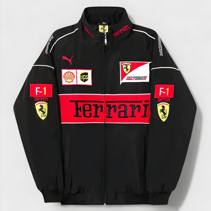 Vintage unisex racing jacket with bold Ferrari logo, available in black, red, and white-red; combines style and comfort.