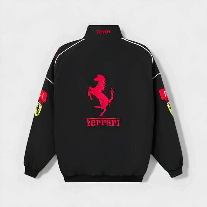 Vintage unisex racing jacket with bold Ferrari logo, available in black, red, and white-red; combines style and comfort.