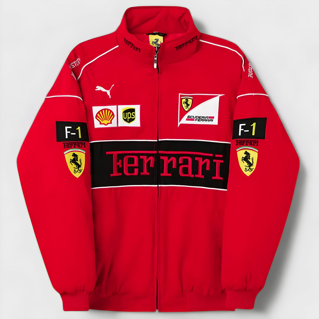 Vintage unisex racing jacket with bold Ferrari logo, available in black, red, and white-red; combines style and comfort.