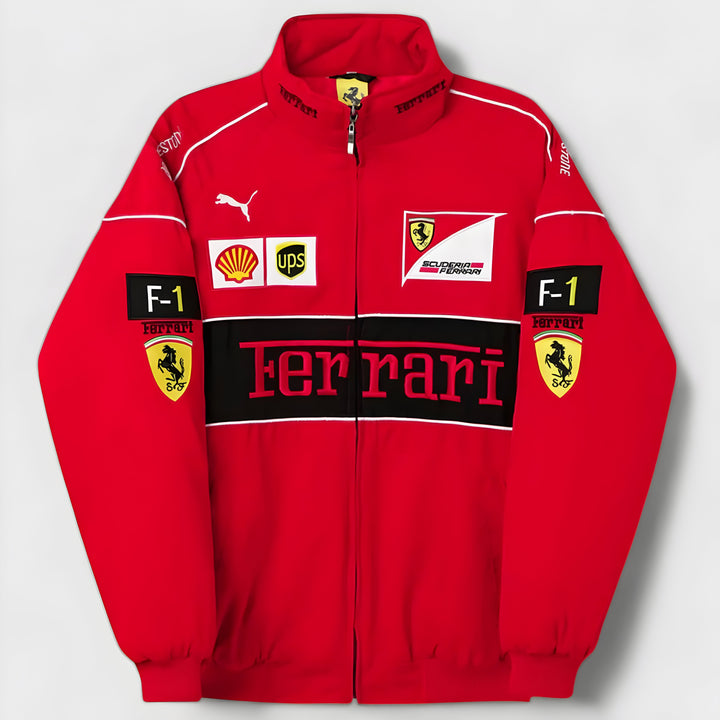Vintage unisex racing jacket with bold Ferrari logo, available in black, red, and white-red; combines style and comfort.