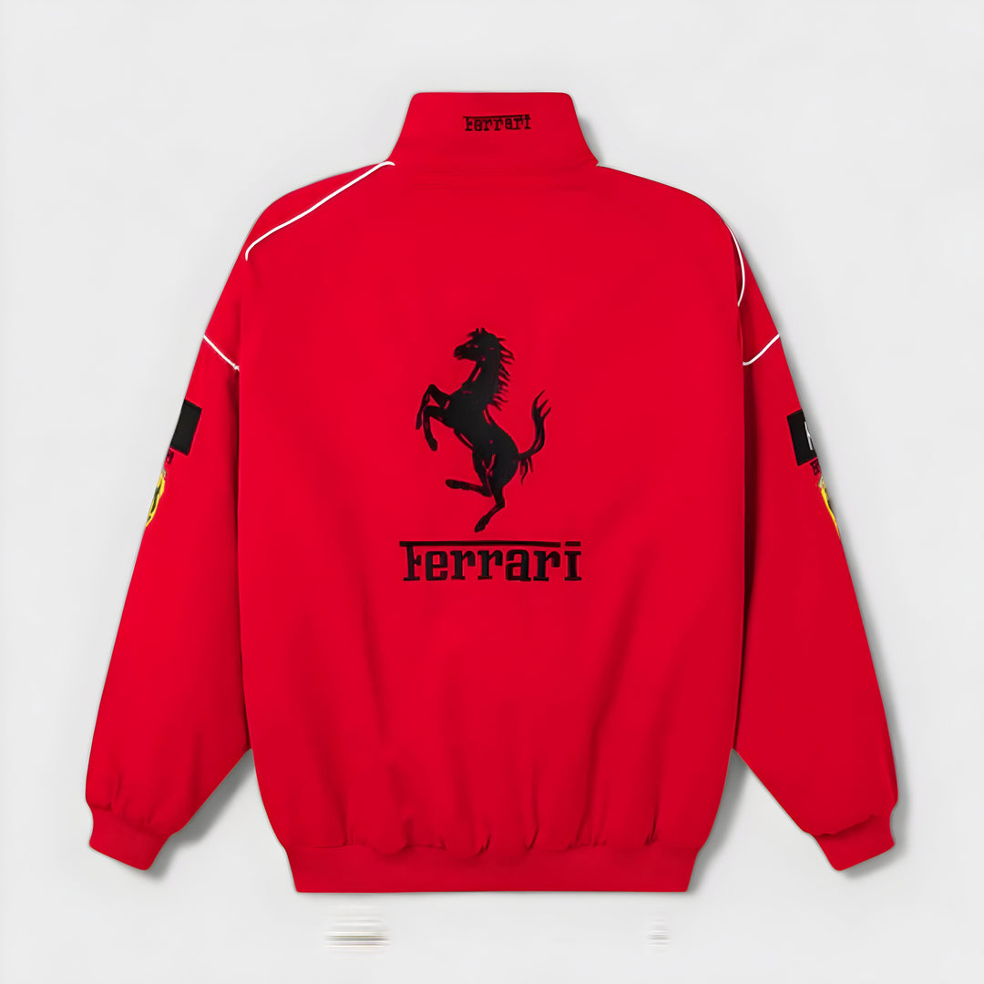 Vintage unisex racing jacket with bold Ferrari logo, available in black, red, and white-red; combines style and comfort.