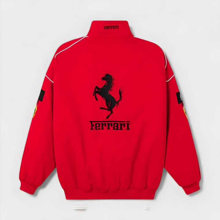 Vintage unisex racing jacket with bold Ferrari logo, available in black, red, and white-red; combines style and comfort.