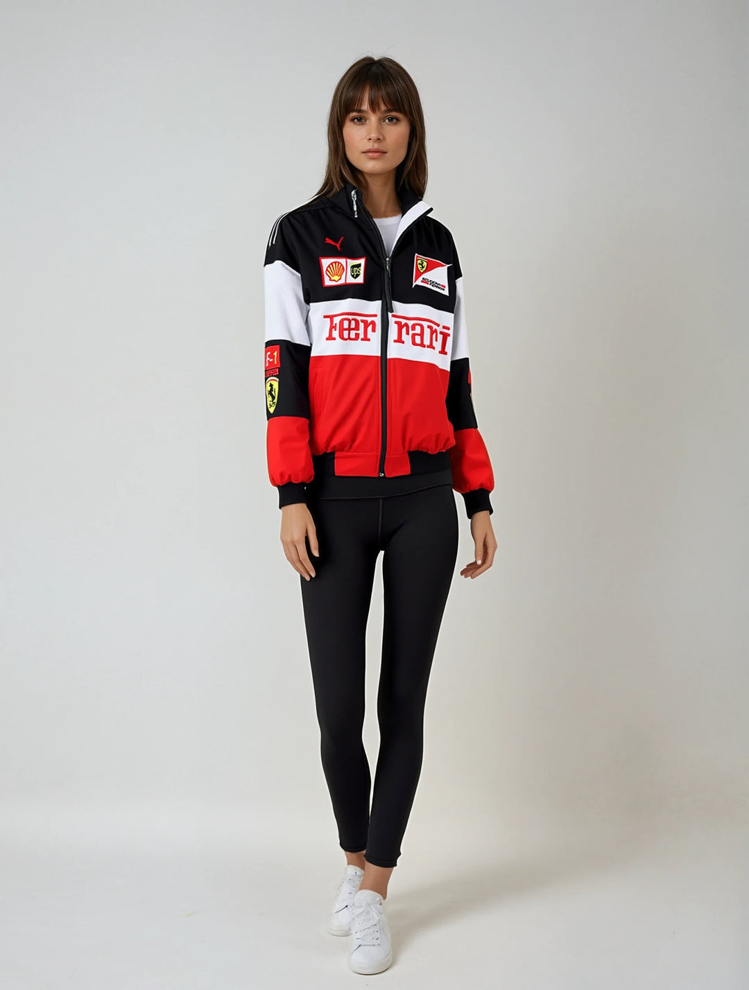 Vintage unisex racing jacket with bold Ferrari logo, available in black, red, and white-red; combines style and comfort.