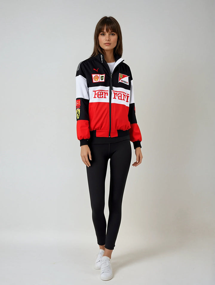 Vintage unisex racing jacket with bold Ferrari logo, available in black, red, and white-red; combines style and comfort.