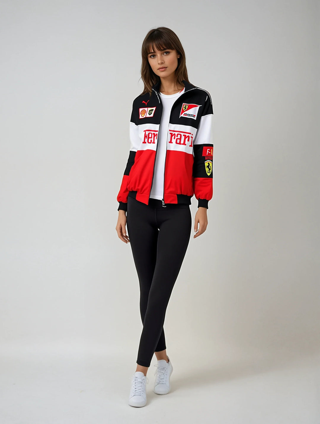 Vintage unisex racing jacket with bold Ferrari logo, available in black, red, and white-red; combines style and comfort.