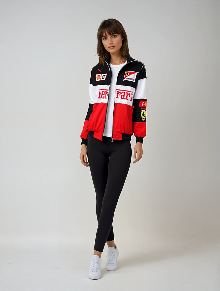 Vintage unisex racing jacket with bold Ferrari logo, available in black, red, and white-red; combines style and comfort.