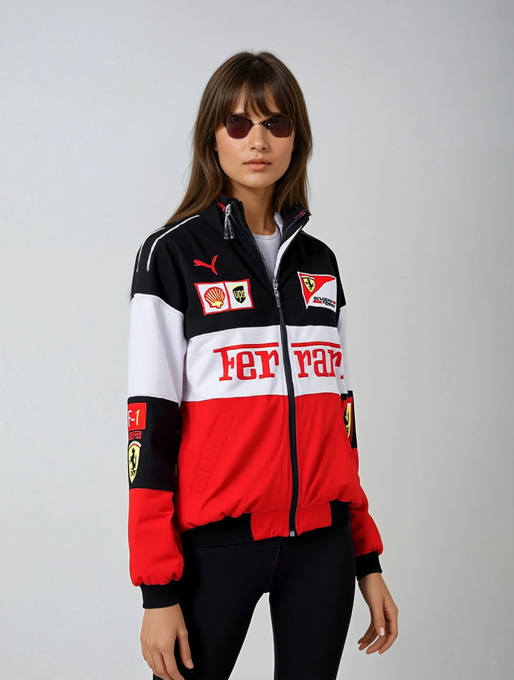 Vintage unisex racing jacket with bold Ferrari logo, available in black, red, and white-red; combines style and comfort.