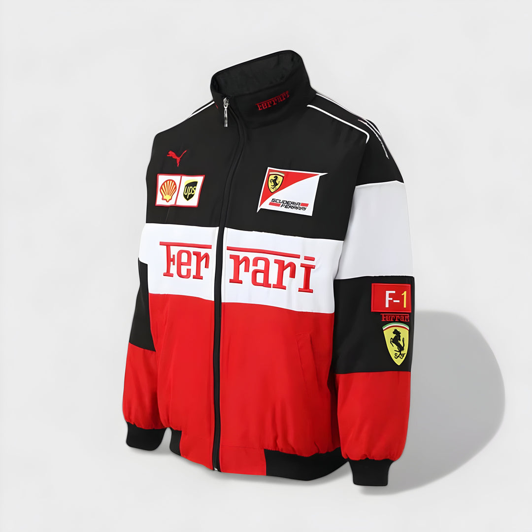 Vintage unisex racing jacket with bold Ferrari logo, available in black, red, and white-red; combines style and comfort.