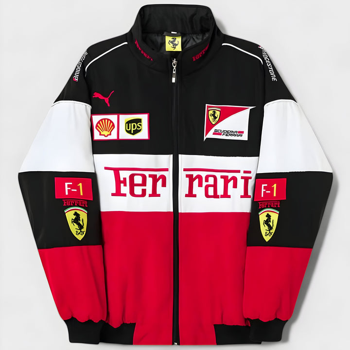 Vintage unisex racing jacket with bold Ferrari logo, available in black, red, and white-red; combines style and comfort.