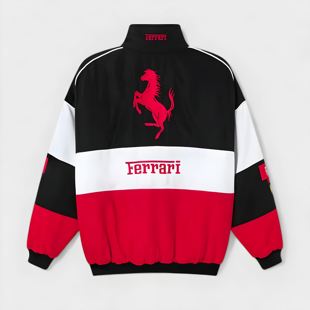Vintage unisex racing jacket with bold Ferrari logo, available in black, red, and white-red; combines style and comfort.