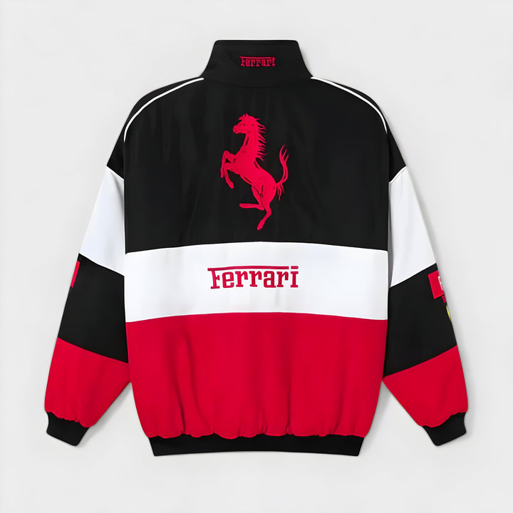 Vintage unisex racing jacket with bold Ferrari logo, available in black, red, and white-red; combines style and comfort.