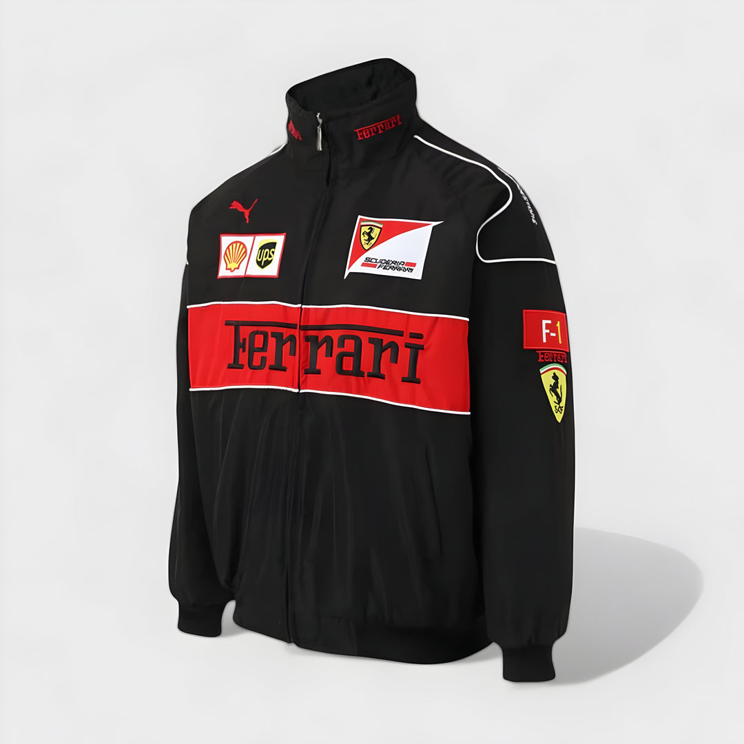 Vintage unisex racing jacket with bold Ferrari logo, available in black, red, and white-red; combines style and comfort.
